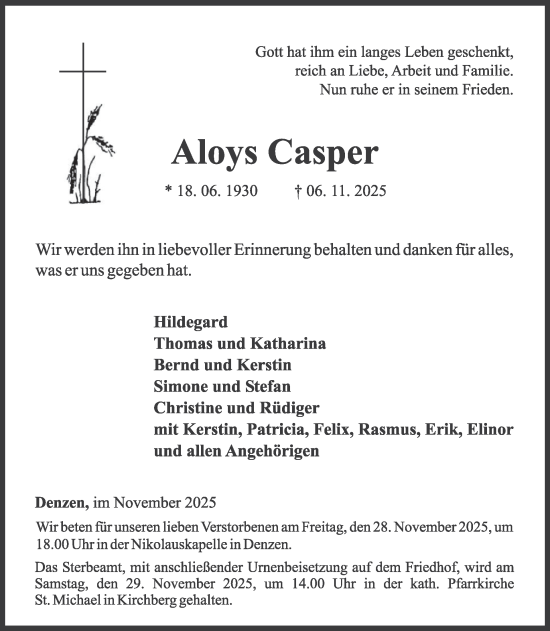 Traueranzeige von Aloys Casper von WochenSpiegel