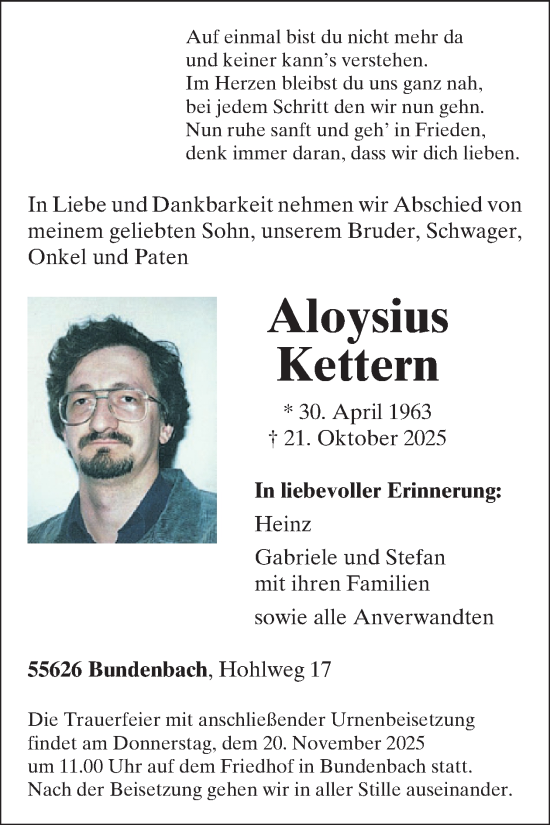Traueranzeige von Aloysius Kettern von WochenSpiegel