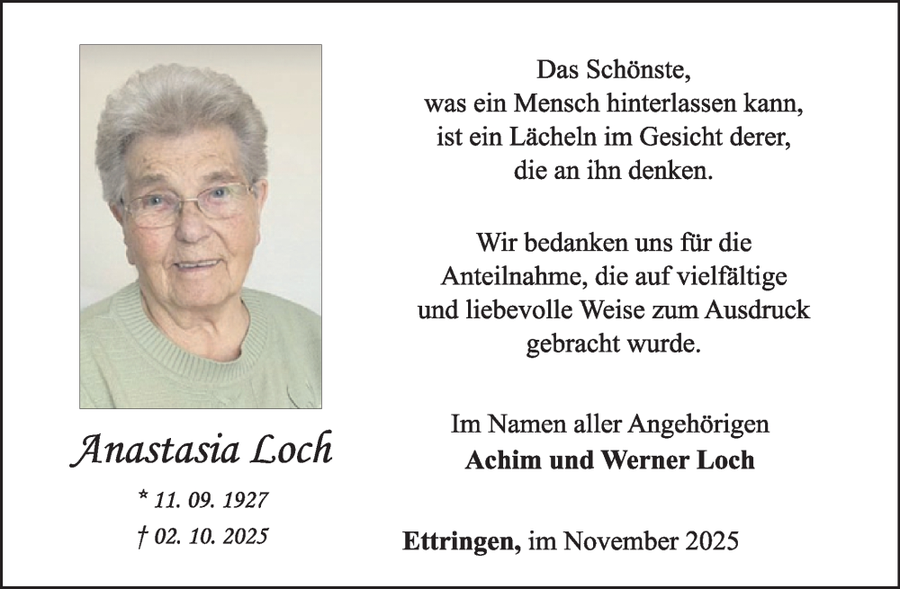  Traueranzeige für Anastasia Loch vom 12.11.2025 aus WochenSpiegel