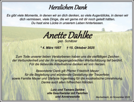 Traueranzeige von Anette Dahlke von WochenSpiegel