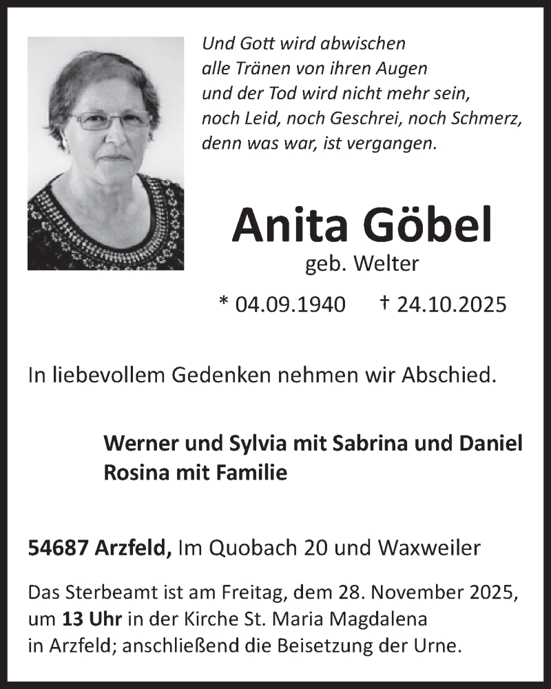  Traueranzeige für Anita Göbel vom 21.11.2025 aus WochenSpiegel