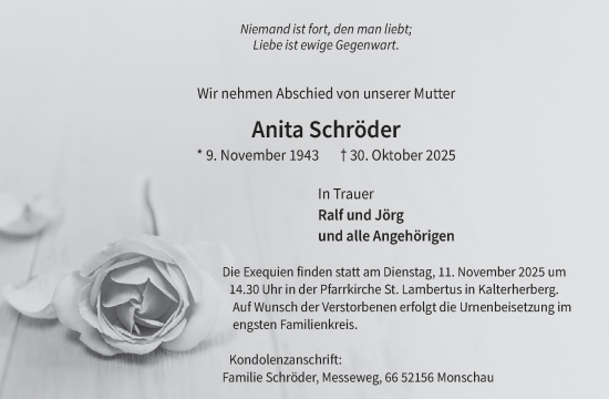 Traueranzeige von Anita Schröder von WochenSpiegel
