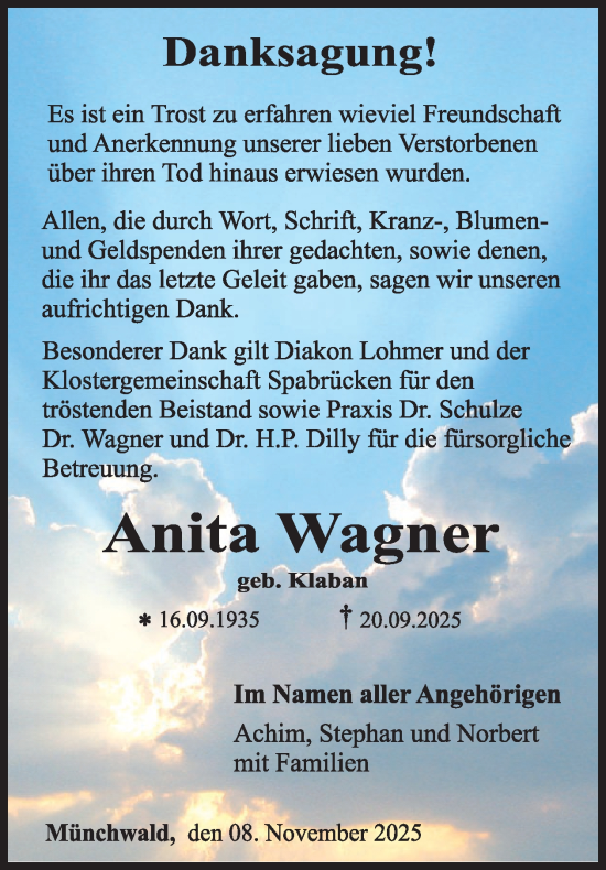 Traueranzeige von Anita Wagner von WochenSpiegel