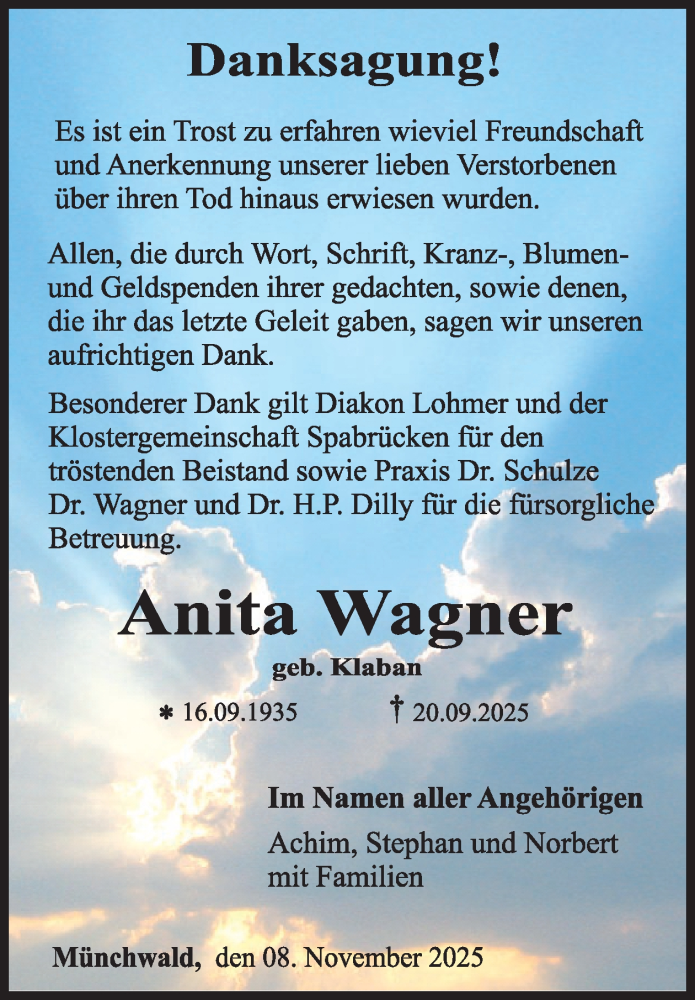  Traueranzeige für Anita Wagner vom 08.11.2025 aus WochenSpiegel