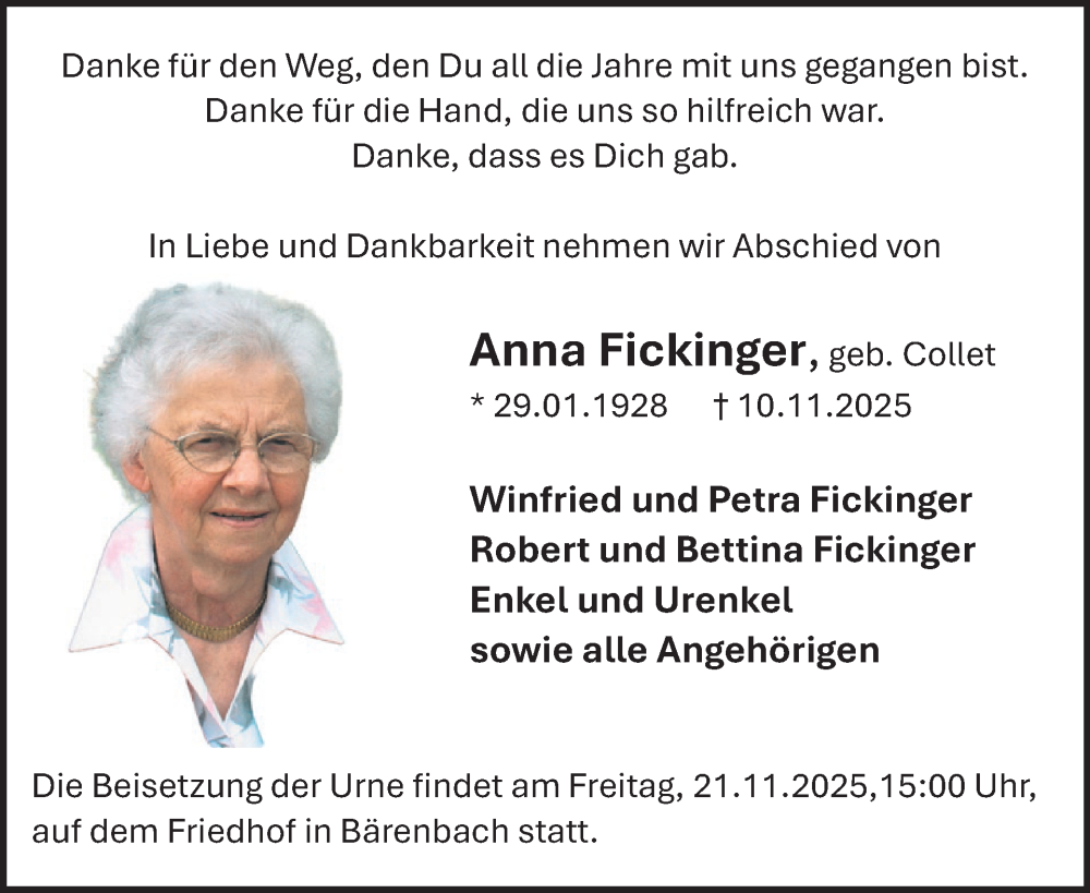  Traueranzeige für Anna Fickinger vom 15.11.2025 aus WochenSpiegel