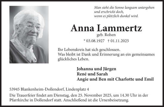 Traueranzeige von Anna Lammertz von WochenSpiegel