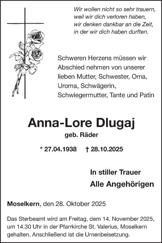 Traueranzeige von Anna-Lore Dlugaj von WochenSpiegel
