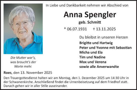 Traueranzeige von Anna Spengler von WochenSpiegel