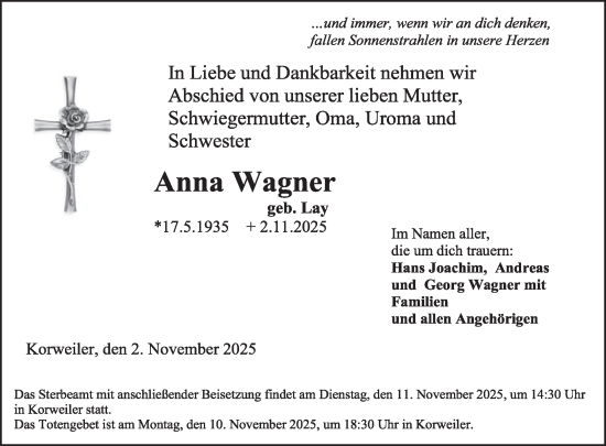 Traueranzeige von Anna Wagner von WochenSpiegel