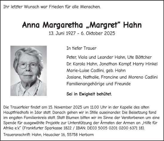 Traueranzeige von Anna Margaretha Hahn von WochenSpiegel