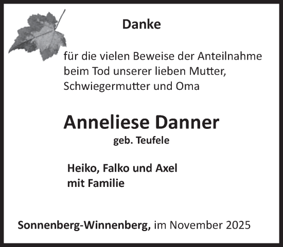 Traueranzeige von Anneliese Danner von WochenSpiegel