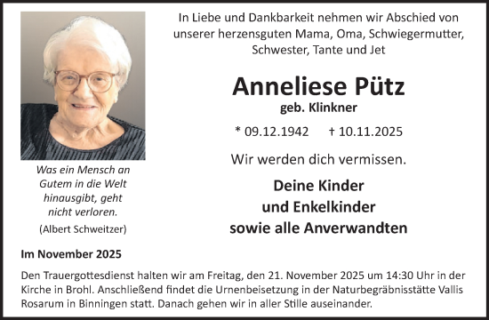 Traueranzeige von Anneliese Pütz von WochenSpiegel