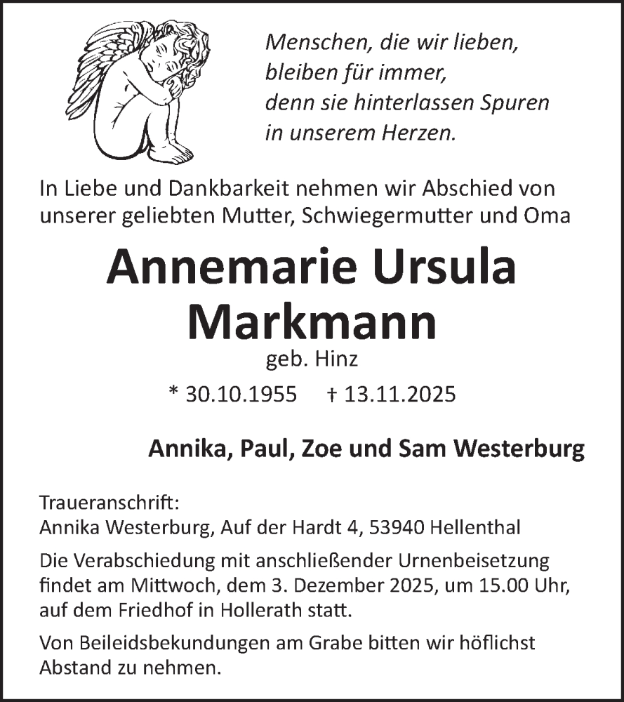  Traueranzeige für Annemarie Ursula Markmann vom 26.11.2025 aus WochenSpiegel