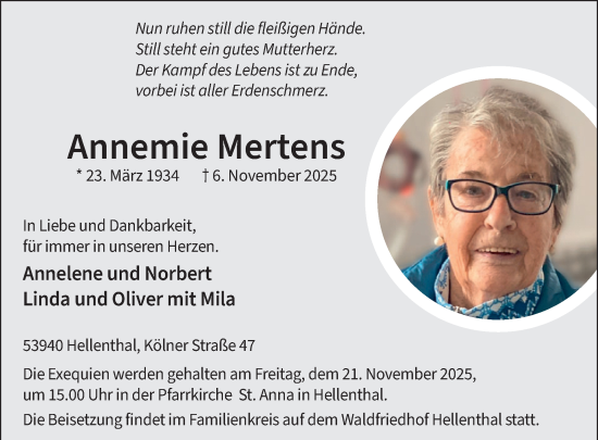 Traueranzeige von Annemie Mertens von WochenSpiegel