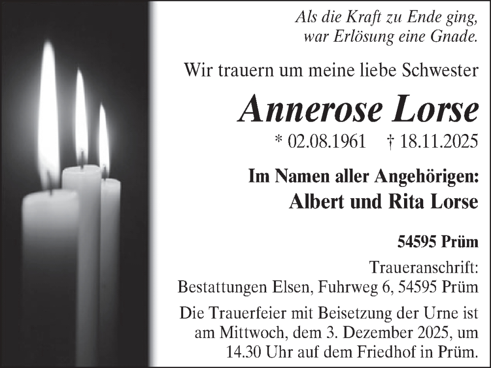  Traueranzeige für Annerose Lorse vom 28.11.2025 aus WochenSpiegel