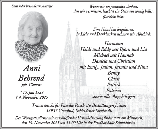 Traueranzeige von Anni Behrend von WochenSpiegel
