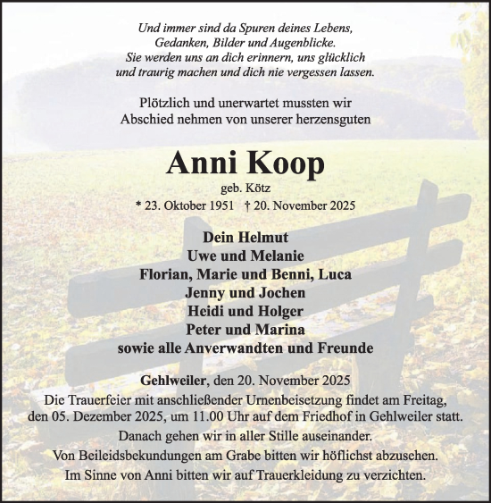 Traueranzeige von Anni Koop von WochenSpiegel