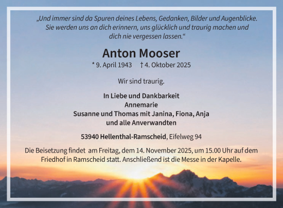 Traueranzeige von Anton Mooser von WochenSpiegel