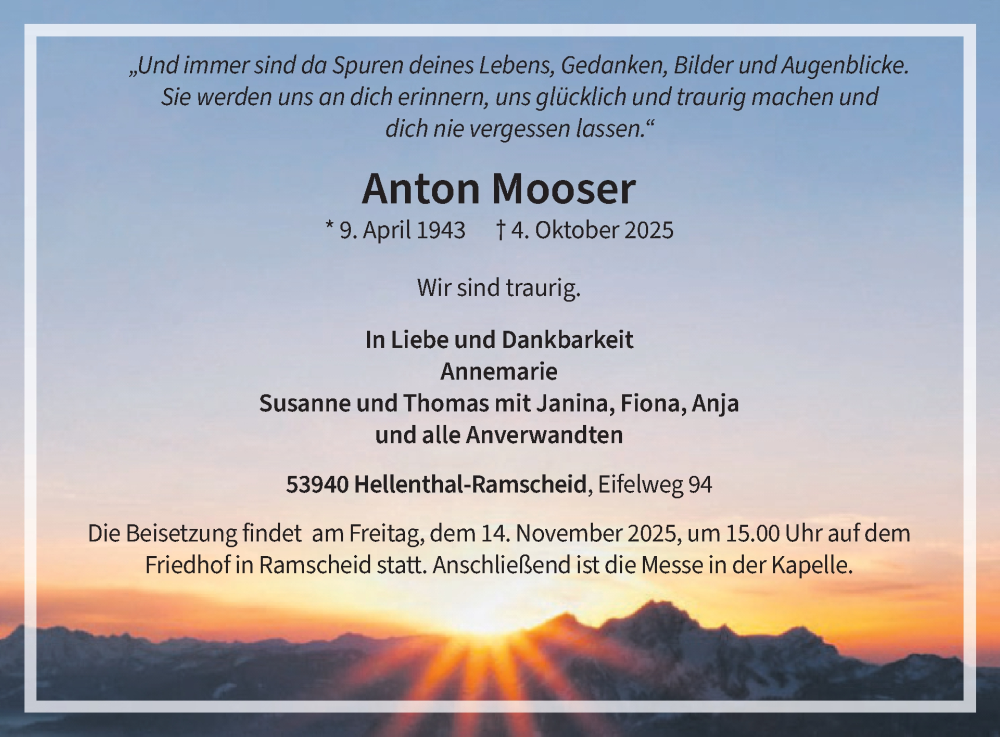  Traueranzeige für Anton Mooser vom 12.11.2025 aus WochenSpiegel