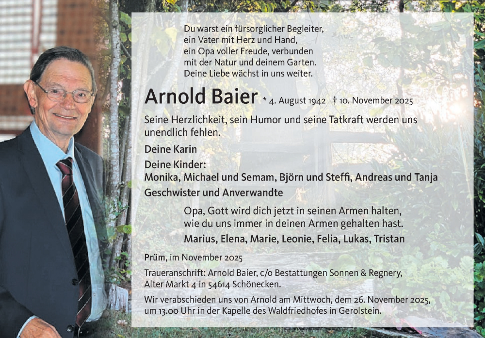  Traueranzeige für Arnold Baier vom 22.11.2025 aus WochenSpiegel