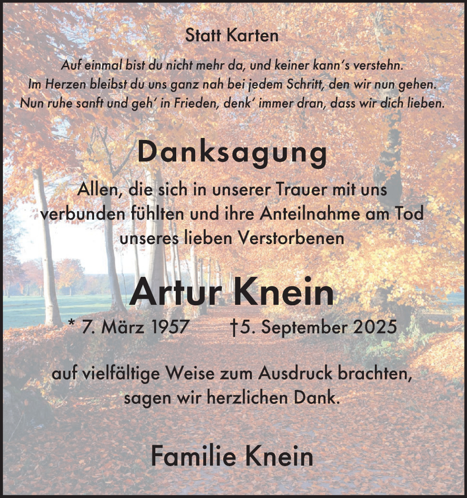  Traueranzeige für Artur Knein vom 05.11.2025 aus WochenSpiegel