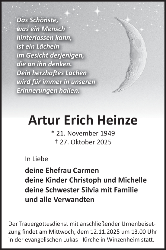 Traueranzeige von Artur Erich Heinze von WochenSpiegel