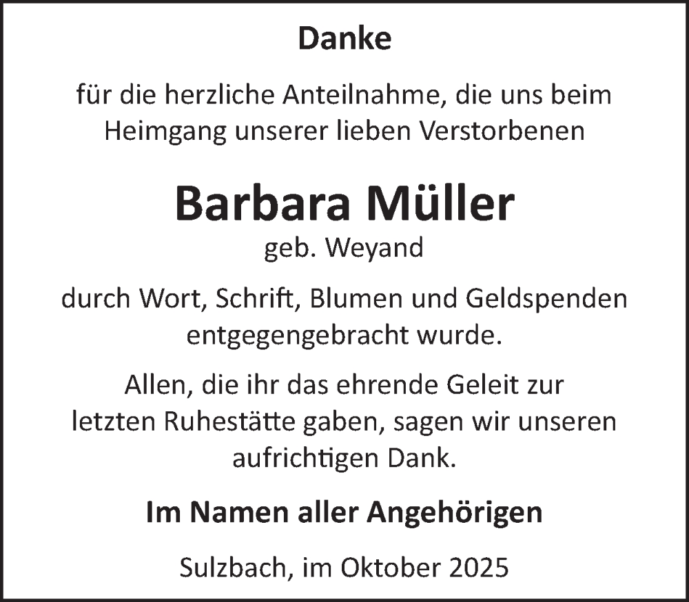  Traueranzeige für Barbara Müller vom 08.11.2025 aus WochenSpiegel