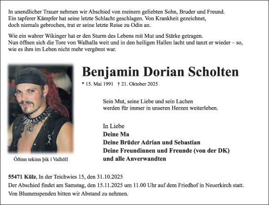 Traueranzeige von Benjamin Dorian Scholten von WochenSpiegel
