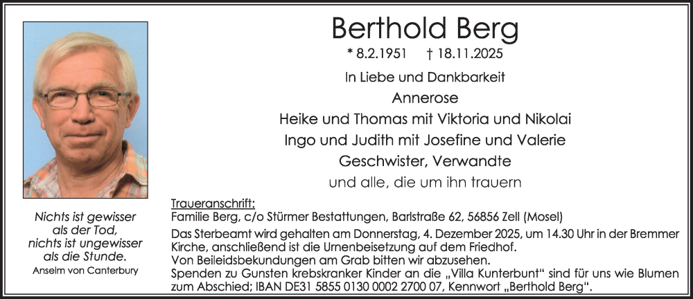  Traueranzeige für Berthold Berg vom 26.11.2025 aus WochenSpiegel