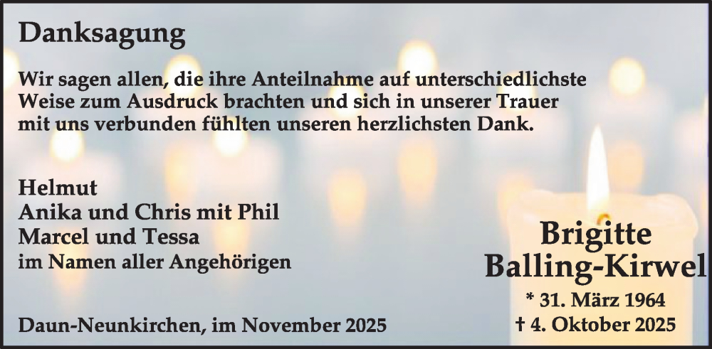  Traueranzeige für Brigitte Balling-Kirwel vom 08.11.2025 aus WochenSpiegel