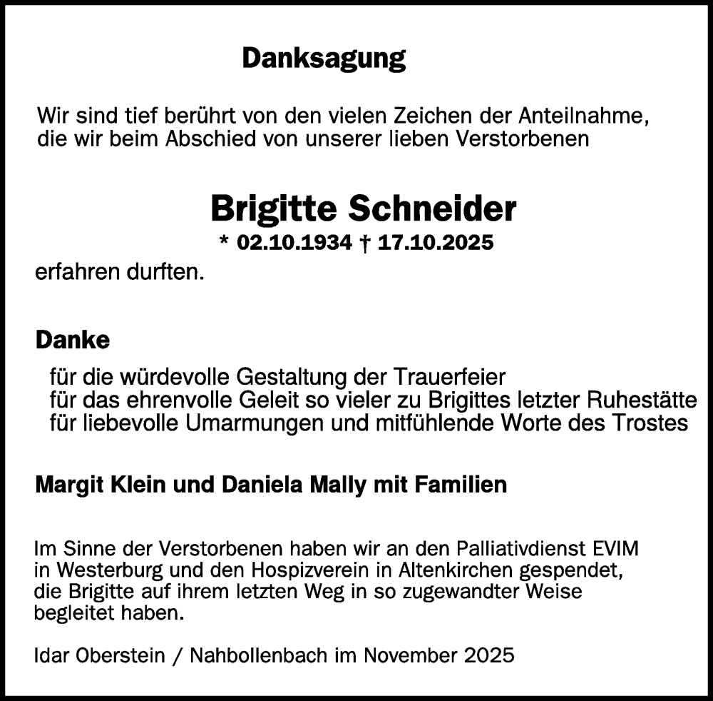  Traueranzeige für Brigitte Schneider vom 22.11.2025 aus WochenSpiegel