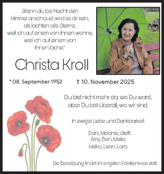 Traueranzeige von Christa Kroll von WochenSpiegel