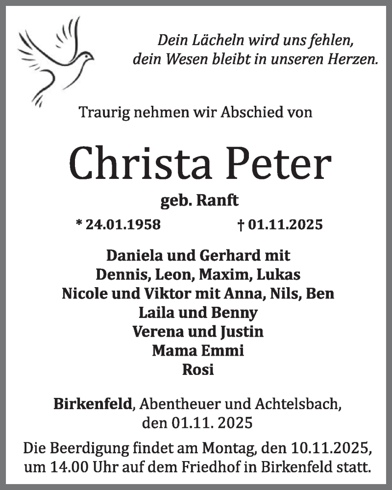  Traueranzeige für Christa Peter vom 08.11.2025 aus WochenSpiegel