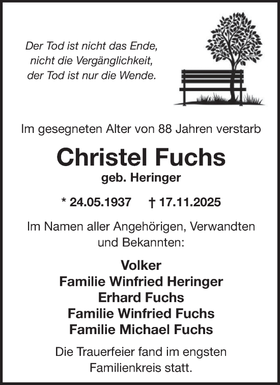 Traueranzeige von Christel Fuchs von WochenSpiegel