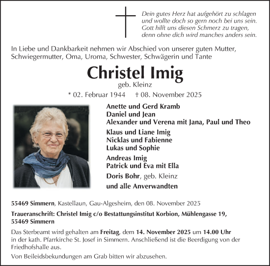 Traueranzeige von Christel Imig von WochenSpiegel