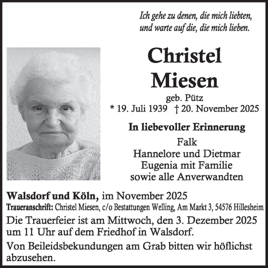 Traueranzeige von Christel Miesen von WochenSpiegel