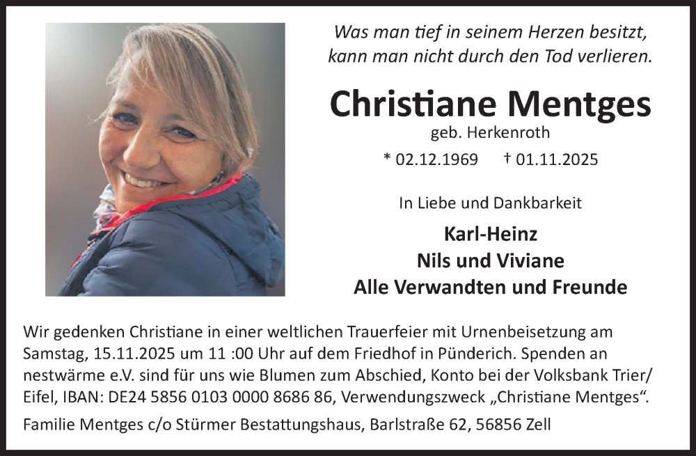  Traueranzeige für Christiane Mentges vom 05.11.2025 aus WochenSpiegel