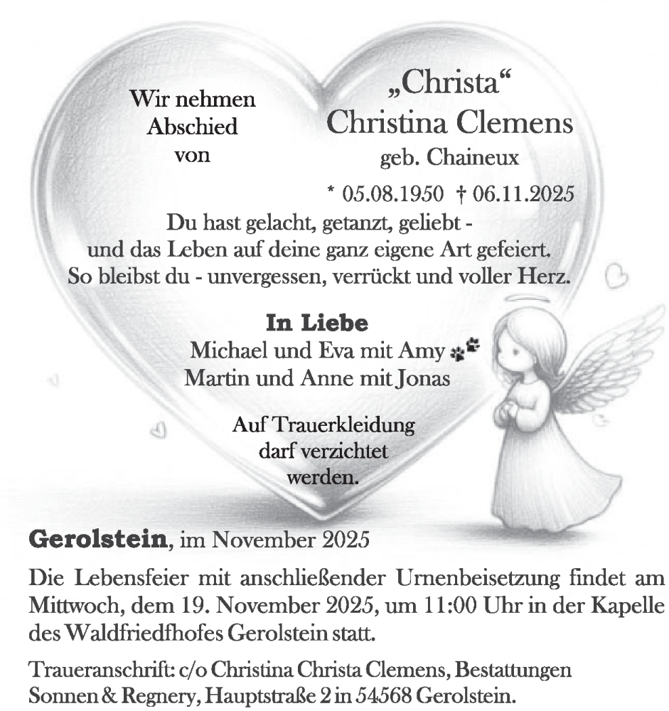  Traueranzeige für Christina Clemens vom 15.11.2025 aus WochenSpiegel