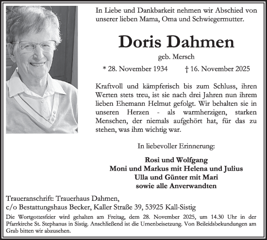 Traueranzeige von Doris Dahmen von WochenSpiegel