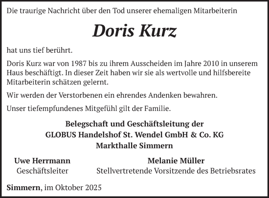 Traueranzeige von Doris Kurz von WochenSpiegel