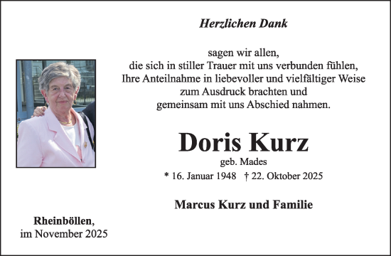 Traueranzeige von Doris Kurz von WochenSpiegel