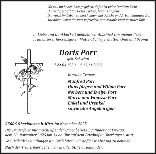 Traueranzeige von Doris Porr von WochenSpiegel