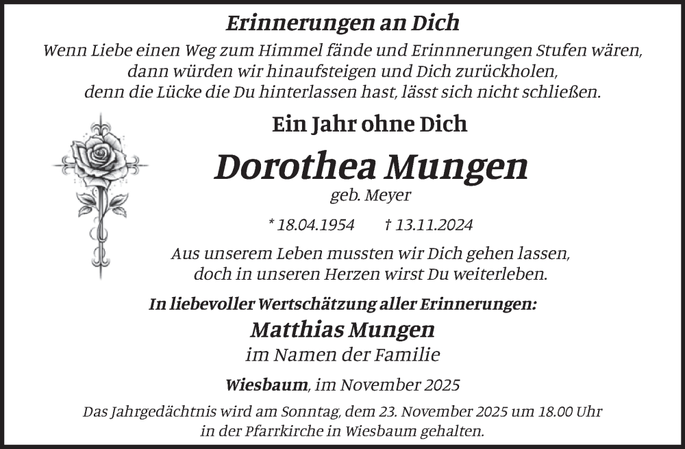  Traueranzeige für Dorothea Mungen vom 08.11.2025 aus WochenSpiegel