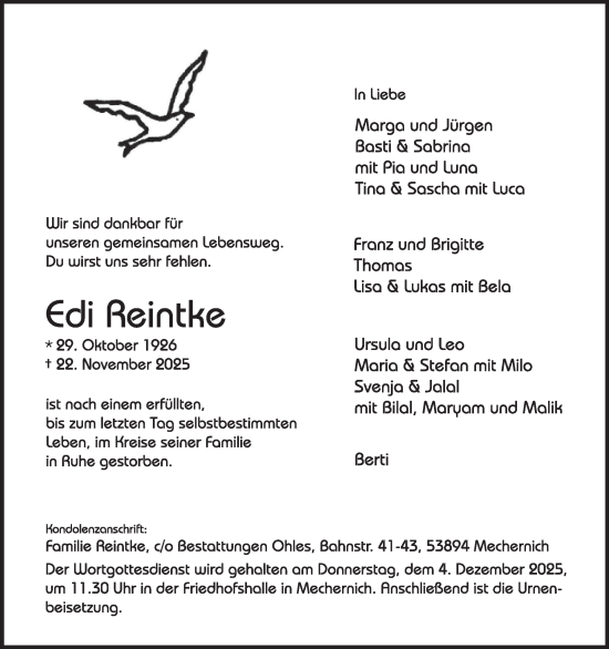 Traueranzeige von Edi Reintke von WochenSpiegel