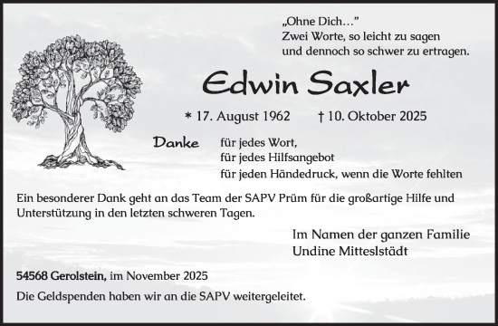 Traueranzeige von Edwin Saxler von WochenSpiegel