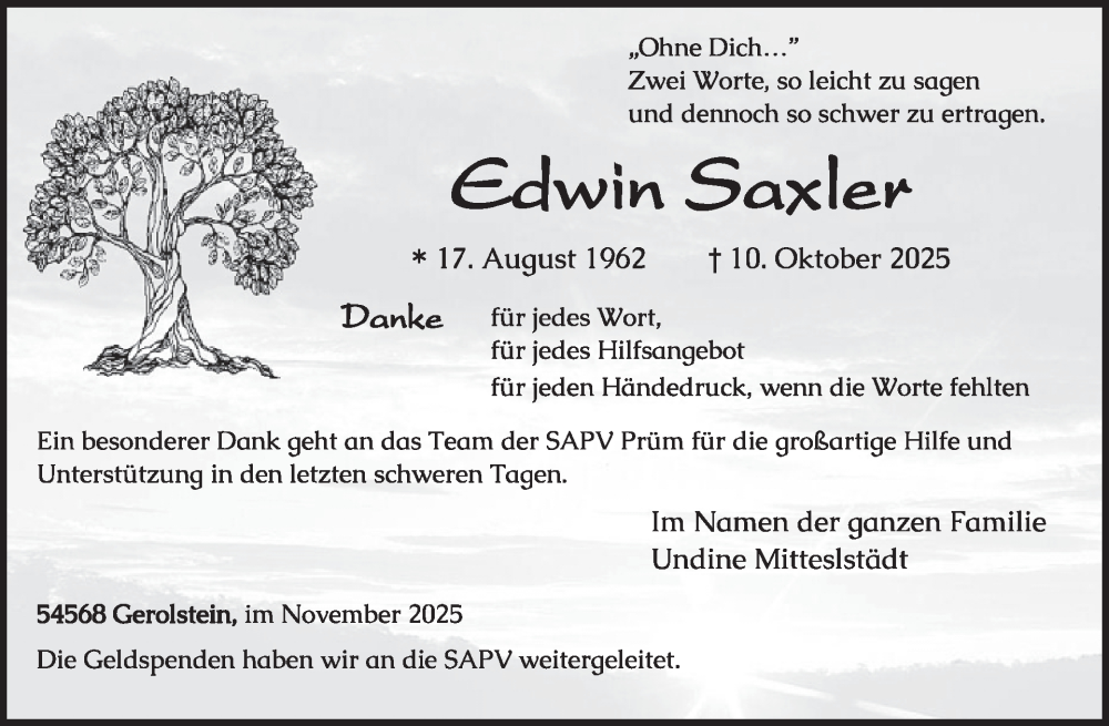  Traueranzeige für Edwin Saxler vom 15.11.2025 aus WochenSpiegel