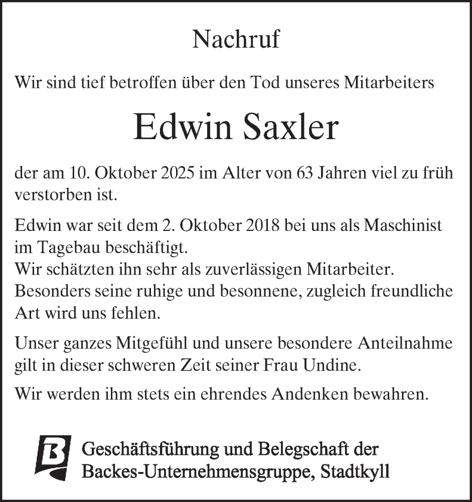  Traueranzeige für Edwin Saxler vom 08.11.2025 aus WochenSpiegel