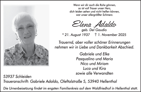 Traueranzeige von Elena Adaldo von WochenSpiegel
