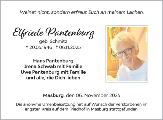 Traueranzeige von Elfriede Pantenburg von WochenSpiegel
