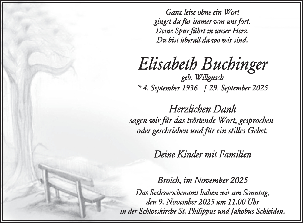  Traueranzeige für Elisabeth Buchinger vom 05.11.2025 aus WochenSpiegel